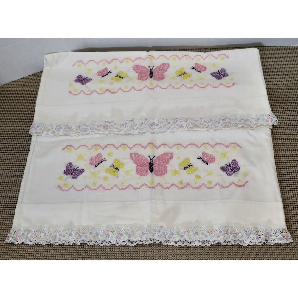 Vintage Handmade Butterfly Cross Stitch Pillowcases Set of 2 Lace Trim White